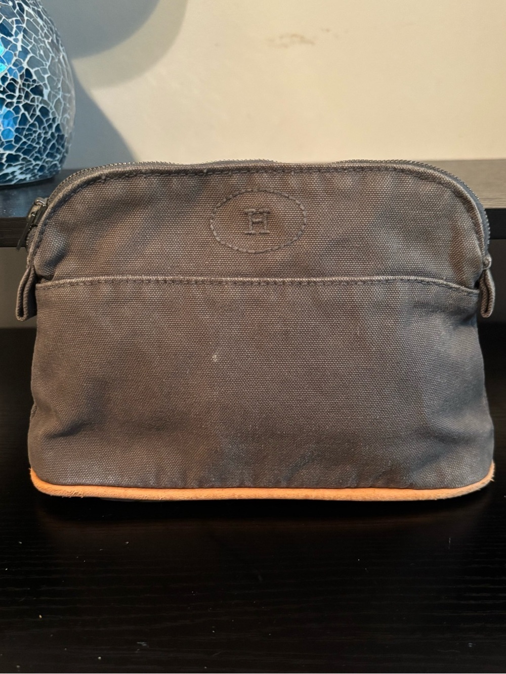 Authentic Hermès Bolide Pouch – Charcoal Cotton Canvas with Leather Trim